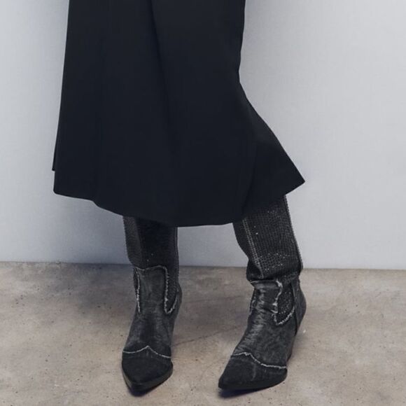 NWT Zara Rhinestone Denim Cowboy Boots - Picture 8 of 12